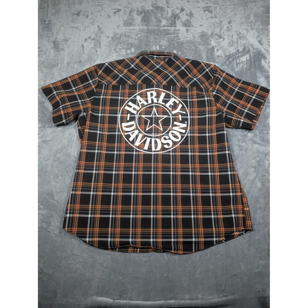 Harley-Davidson Shirt Mens 2XL Black Orange Plaid Short Sleeve Button Up Casual - Picture 6 of 7